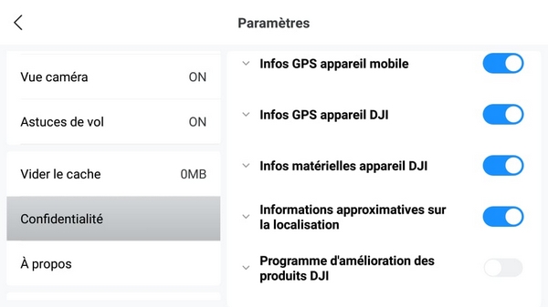 Régler les informations envoyée à DJI dans le cadre de la confidentialité (Application DJI Fly)