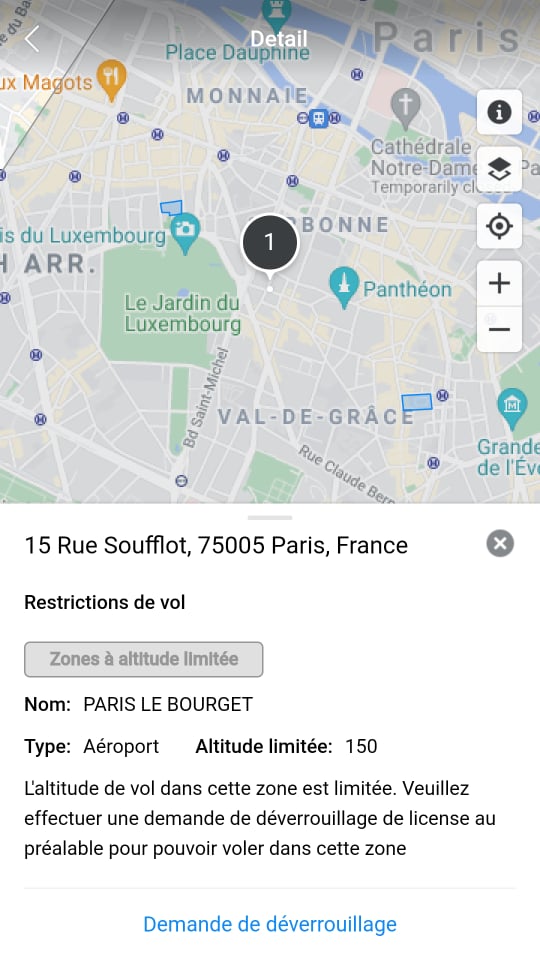 Google Maps DJI - Zones de prudence Paris